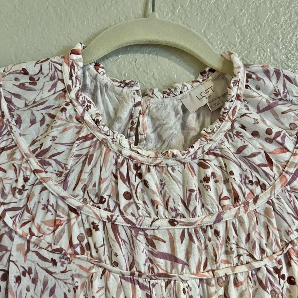 LOFT Cream and Purple Leaf Print Blouse - Picture 2 of 4